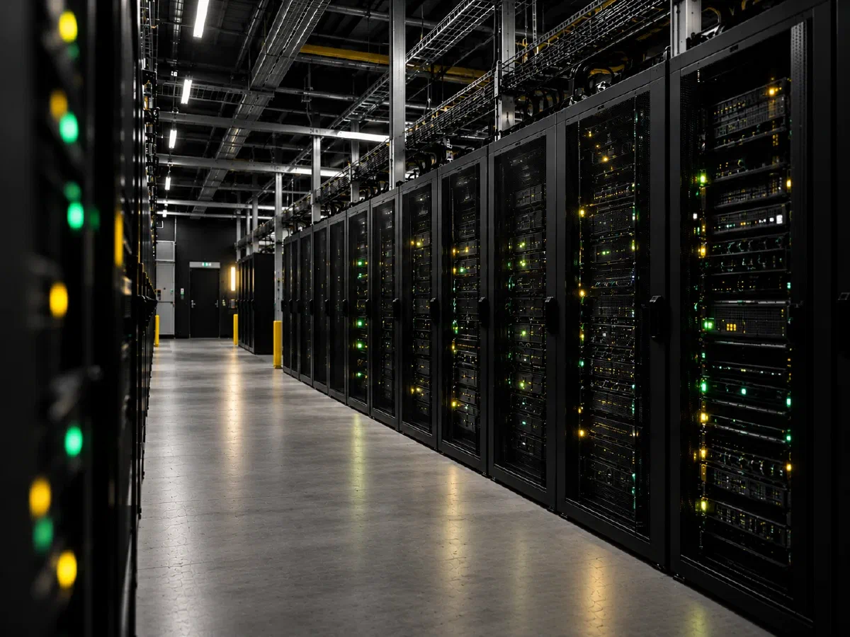 A long, dark data-center aisle lined with server racks