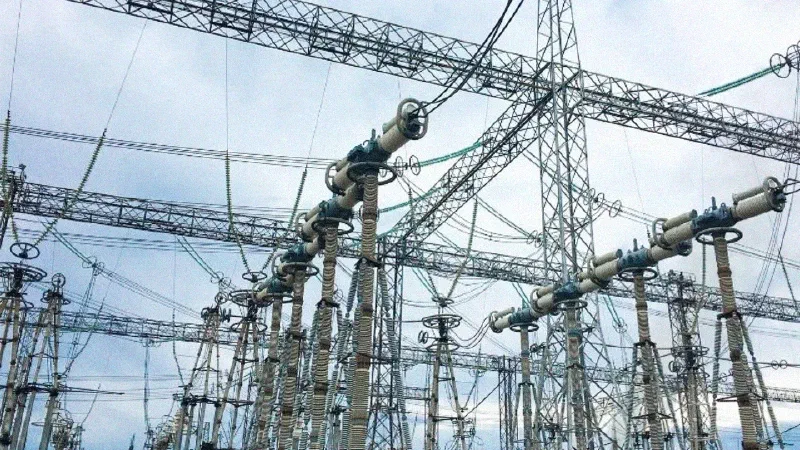 High-voltage transmission equipment at a substation