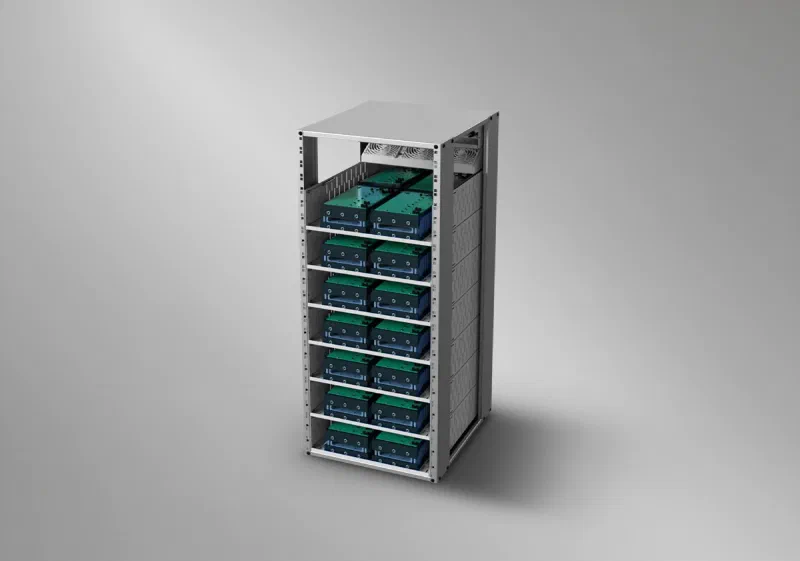 Rendering of an X-Verter rack with modular battery and power-electronics units