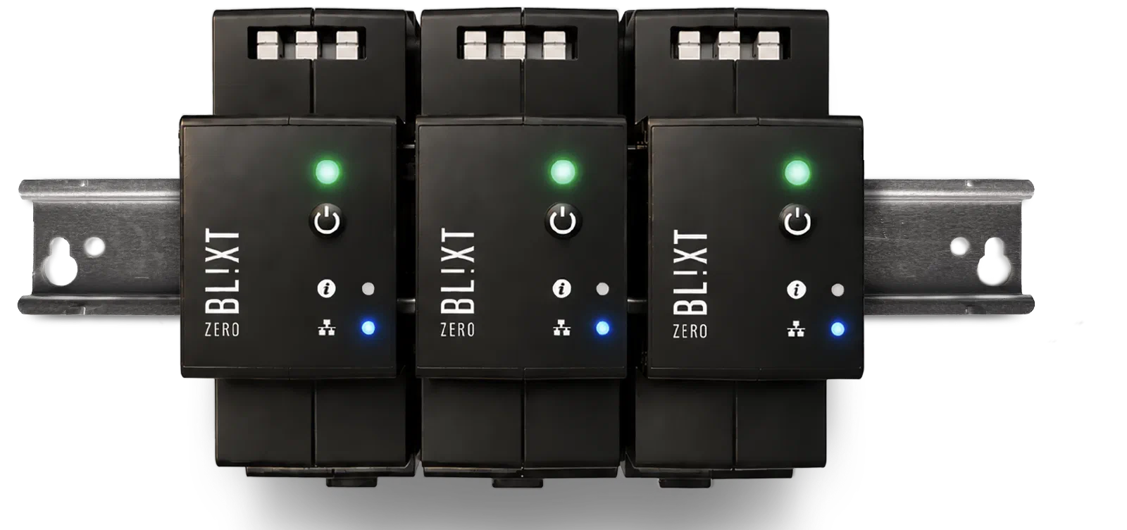 Three Blixt Zero units mounted side by side on a DIN rail, their status lights lit